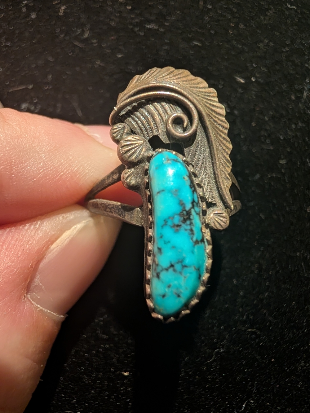 Turquoise Feather Statement Ring - Stone Sterling Silver, MS Maker's Mark, Sz 6